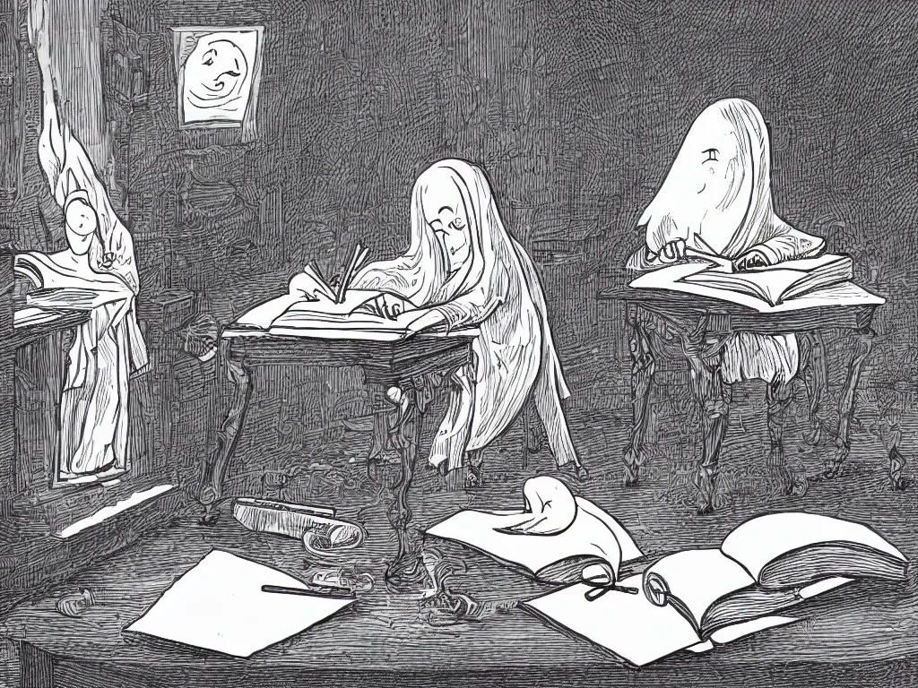 Prompt: detailed illustration of a ghost writing a book