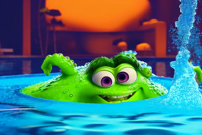 Image similar to diorama of mike wazowski swimming in a giant pool of gatorade, setting is bliss wallpaper, realistic, 4 k, detailed, atmospheric, cinematic lighting, octane render, unreal engine render, ray tracing lighting