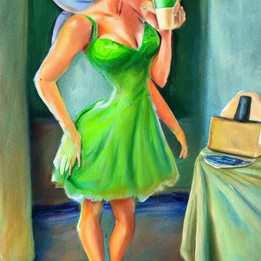 Image similar to Tinkerbell in short green dress with tattered hem, thick heavy eye makeup, bare feet, hungover, coffee cup, stark oil painting by Jasmine Beckett