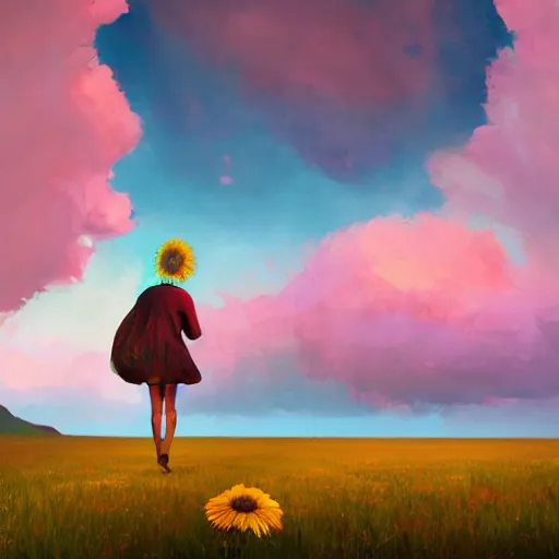 Image similar to giant daisy flower head, girl walking on salt flats mountains, surreal photography, sunrise, dramatic light, impressionist painting, colorful clouds, digital painting, artstation, simon stalenhag