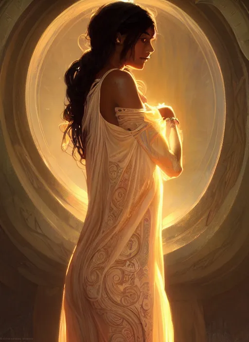 Image similar to cute brown woman wearing a transparent night gown, fantasy, intricate, highly detailed, digital painting, artstation, concept art, wallpaper, smooth, sharp focus, illustration, art by artgerm and greg rutkowski and alphonse mucha