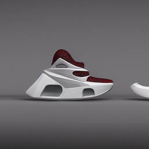 Prompt: futuristic sneakers with small jet engines at the heels, nike, 4 k render, pair, detailed