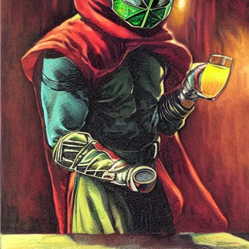 Image similar to Mysterio drinking tea, artwork by Earl Norem,