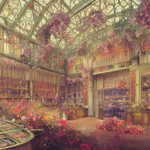 Image similar to a beautifull intricate watercolour painting of a victorian confectionery room with many flowers and, reflexions, verry high details by william turner art, greg rutkowski and alphonse mucha, trending on artstation, very very detailed, masterpiece,