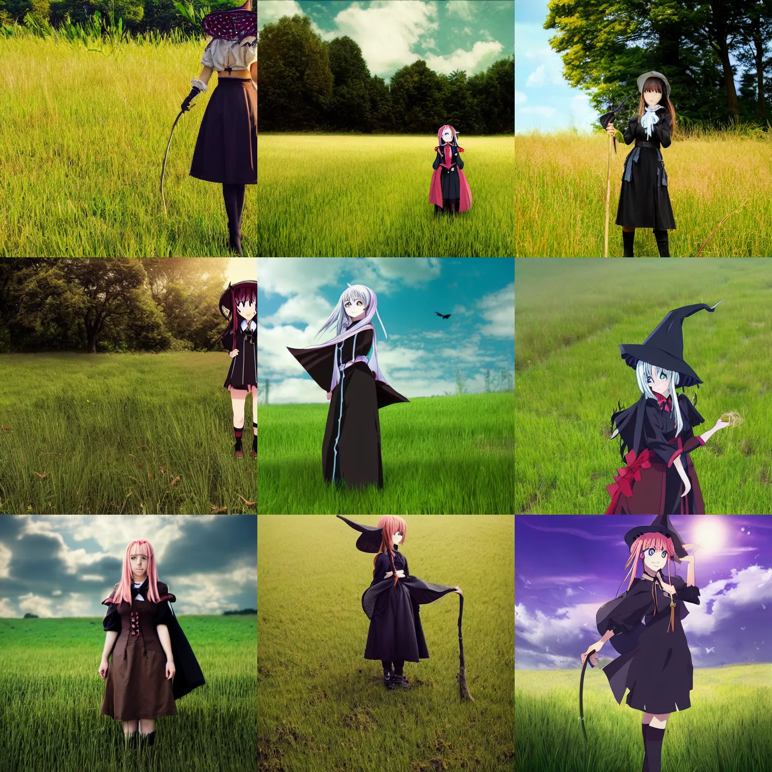 Prompt: girl standing in grass field, dressed as witch, in style of isekai anime,