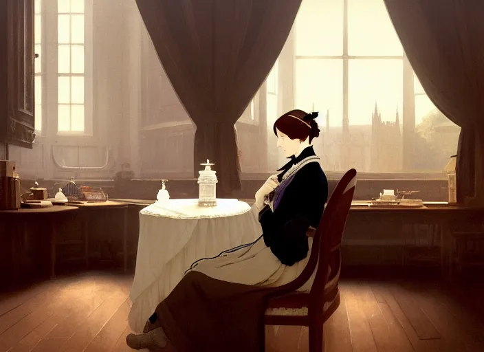 Image similar to victorian britain 1 8 3 5, adolecent florence nightingale sitting and sewing in the parlour of a english victorian manor light from a window on the right, finely detailed perfect art, gapmoe yandere grimdark, trending on pixiv fanbox, painted by greg rutkowski makoto shinkai takashi takeuchi studio ghibli