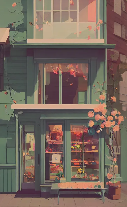 Image similar to cute cozy flower shop, surreal illustration, by atey ghailan and escher and edward hopper