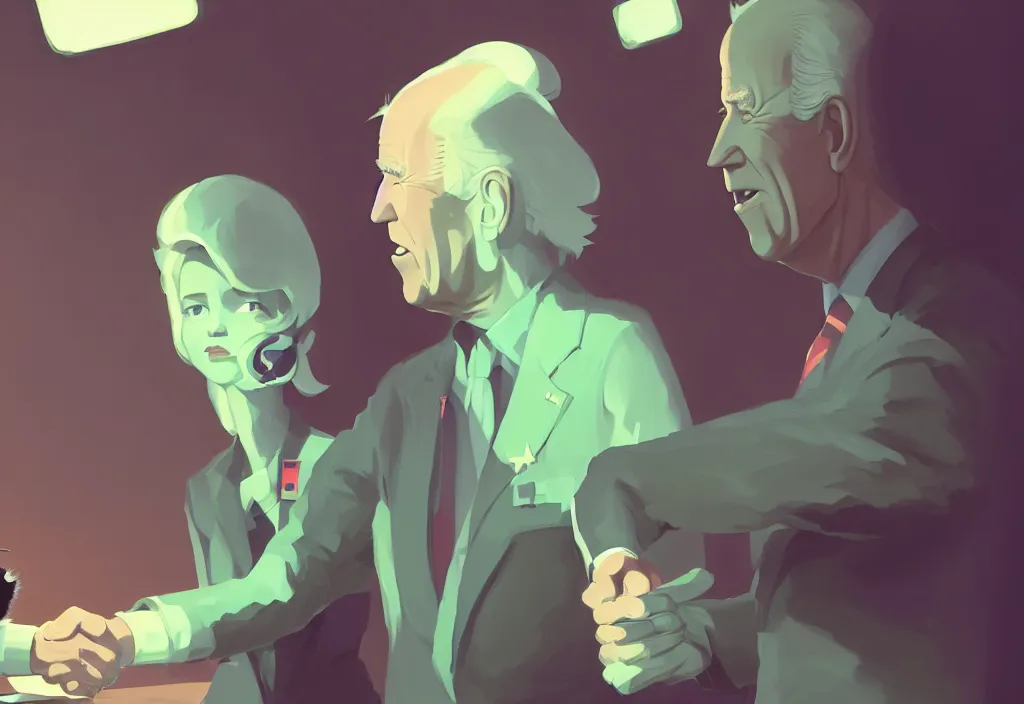 Image similar to joe biden shake hand with cute catgirl, epic debates, presidental elections candidates, cnn, fox news, fantasy, by atey ghailan, by greg rutkowski, by greg tocchini, by james gilleard, by joe gb fenton, dynamic lighting, gradient light green, brown, blonde cream, salad and white colors in scheme, grunge aesthetic