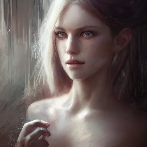 Prompt: a portrait of a beautiful hopeful lady with pretty eyes, beautiful eyes, beautiful eyes, beautiful eyes, highly detailed eyes, looking up, looking up, light smiling, art of wlop and greg rutkowski, intricate, high details, eyes, epic fantasy art, cgsociety, trending on artstation, bright light masterpiece, ray of light through white hair