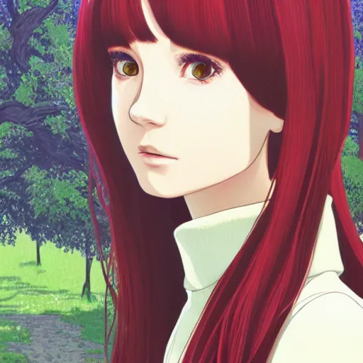 Image similar to Character portrait of a young beautiful woman with long flowing red hair in a lush park, beautiful face, long dark hair with bangs, wearing a black turtleneck sweater, highly detailed, cel shading, Studio Ghibli still, by Ilya Kuvshinov and Akihiko Yoshida