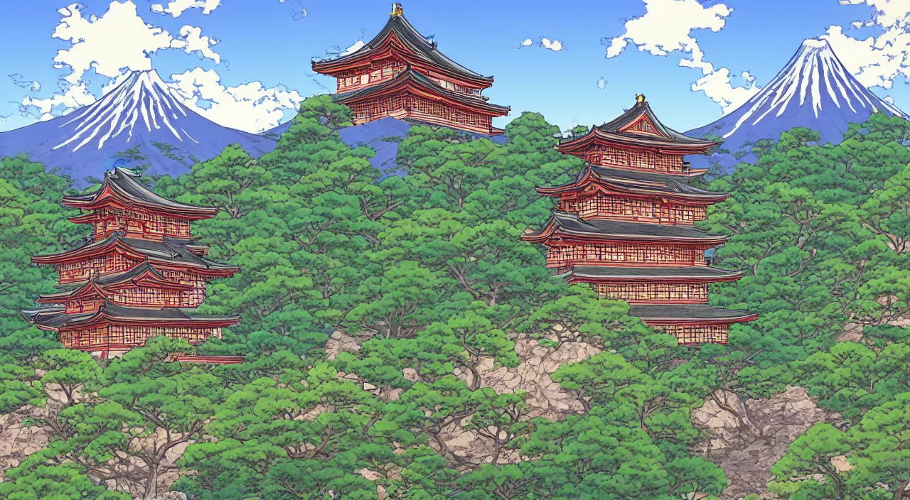 Image similar to a Japanese castle, with a garden as foreground, with mountains as background, in the style of anime