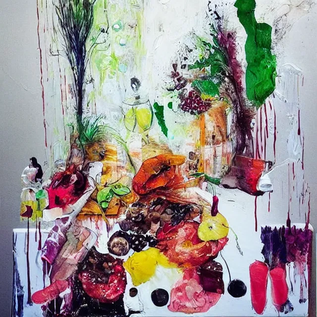 Prompt: “ a portrait in a female art student ’ s apartment, sensuous, vegetables, art supplies, paint tubes, palette knife, pigs, ikebana, herbs, a candle dripping white wax, squashed berries, berry juice drips, acrylic and spray paint and oilstick on canvas, surrealism, neoexpressionism ”