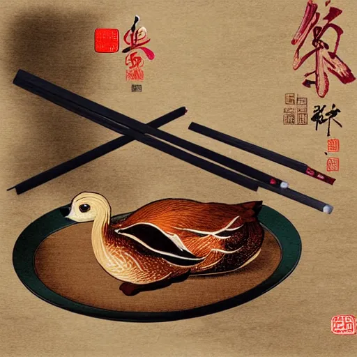 Image similar to food of roast beijing duck, digital art, style of traditional chinese painting