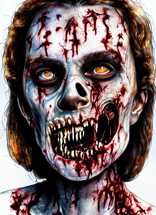 Image similar to zombie hollywood professional acting headshot, hyperrealism, intricate detailed, studio lighting, charming expression gesicht, talented watercolor, procreate illustration