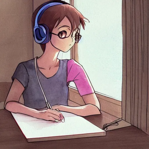 Prompt: anime girl wearing headphones sits at a desk in her bedroom studying, beautiful light thorough window in the style of lofi hiphop in pencil and watercolor by glen keane