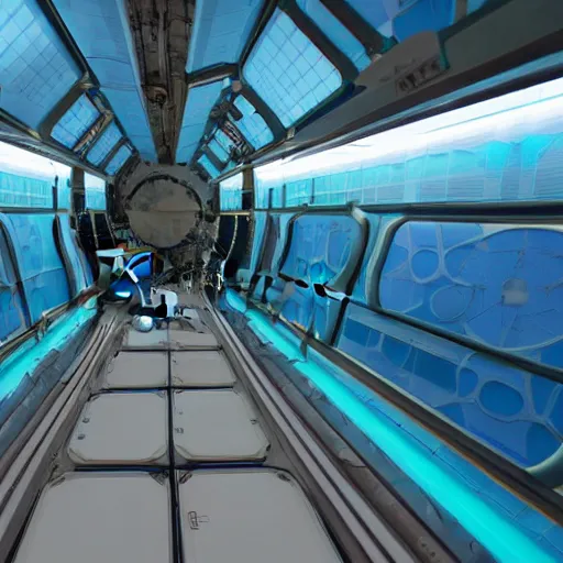 Prompt: space - station interior, large open room, gentle blue and green lighting, futuristic, angular design