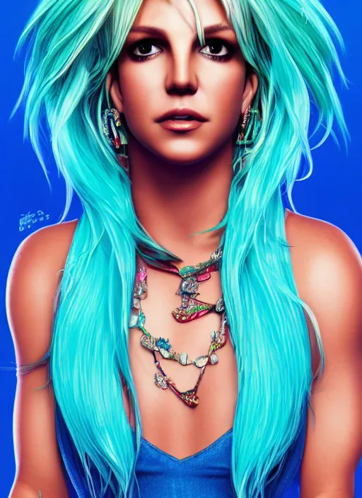 Prompt: portrait of britney spears with turquoise hair, big brown eyes, and a blue dress, intricate jewelry, genshin impact, realistic anime, sharp focus, octane render, trending on artstation, 8k