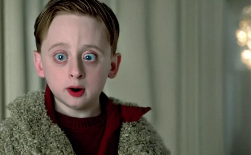 Image similar to Kieran Culkin as Kevin McCallister in 'Home Alone 2' (1992), movie still frame, oscar nominated cinematography, volumetric lighting, 8k resolution, beautiful composition