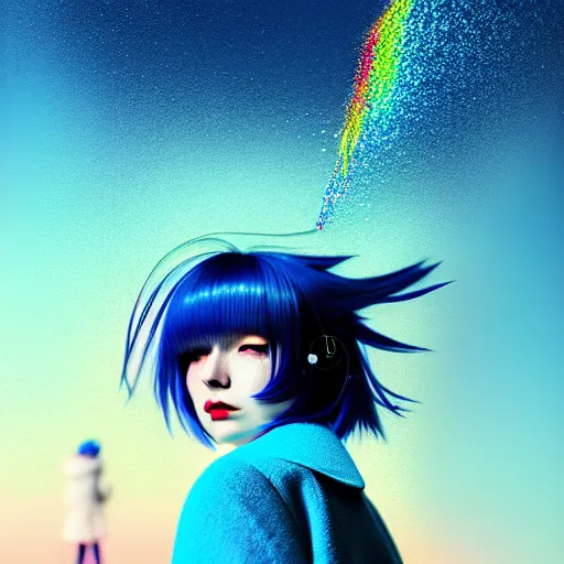 Image similar to blue sparks and bubbles flitting around a flying anime girl with long sky blue hair, low - angle shot from behind, blue coat, fur scarf, ultra fine detail, dark theme, realistic painting, photography, psychedelic, film still, cinematic, wlop, ilya kuvshinov, ismail inceoglu,