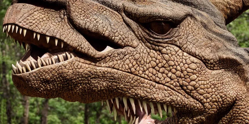 Image similar to huge t - rex looking directly into the camera with his snout almost touching the lens