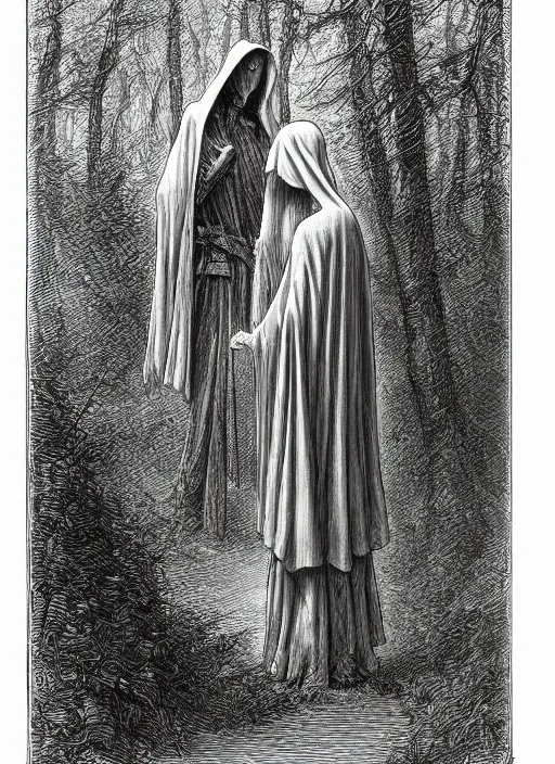Prompt: faceless grim reaper with veil over face at far distance in beautiful forest, detailed pencil illustration by gustave dore, highly detailed, centered, high resolution, smooth, sharp focus, illustration