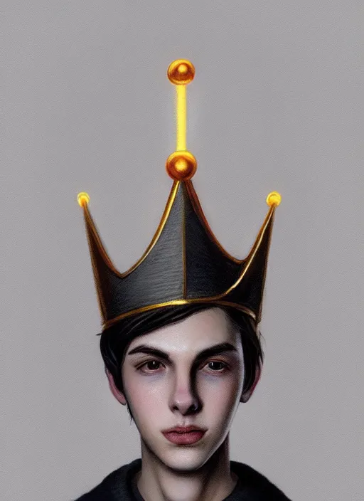 Image similar to portrait of teenage jughead jones wearing a light grey crown, photorealistic, crown, eyes closed, crown, black hair, intricate, elegant, glowing lights, highly detailed, digital painting, artstation, concept art, smooth, sharp focus, illustration, art by wlop, mars ravelo and greg rutkowski