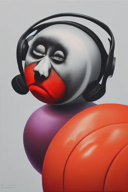 Image similar to hyperrealism surrealism acrylic painting, close - up portrait of bowling ball - with big headphones and a mime sweater, aerosol splashes on paper background, art by jeff soto