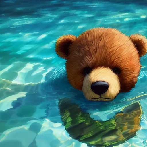 Prompt: a teddy bear in a pool, ripples, reflection on the water, sunny. By Makoto Shinkai, Stanley Artgerm Lau, WLOP, Rossdraws, James Jean, Andrei Riabovitchev, Marc Simonetti, krenz cushart, Sakimichan, trending on ArtStation, digital art.