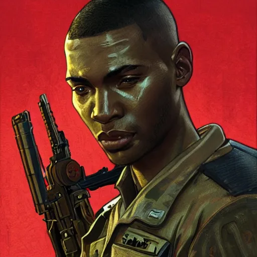 Prompt: Portrait of a black man with buzzcut as a soldier character in Fallout 4, gorgeous, beautiful, intricate, highly detailed, digital painting, artstation, oppressive lighting, concept art, sharp focus, illustration, art by greg rutkowski and alphonse mucha