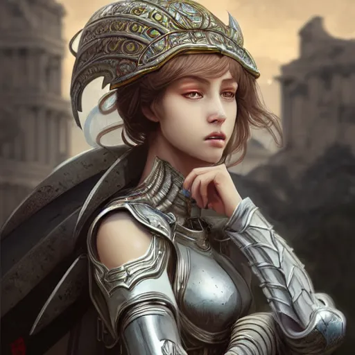 Image similar to portrait young knights of Zodiac girl, matt white color armor, in ruined Agora of Athens Sunrise, ssci-fi and fantasy, intricate and very beautiful and elegant, highly detailed, digital painting, artstation, concept art, smooth and sharp focus, illustration, art by tian zi and WLOP and alphonse mucha