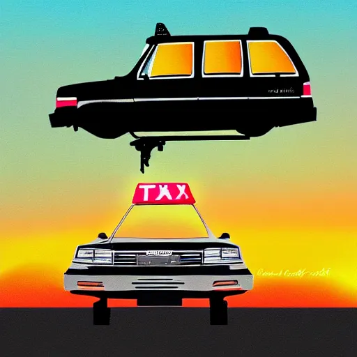 Image similar to a 1980s old taxi car floating above the clouds, sunset, digital painting,