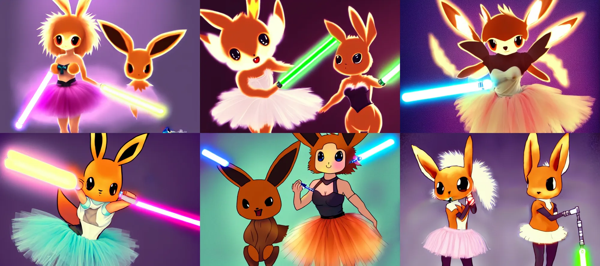 Prompt: anthropomorphic eevee (woman) in a tutu holding a lightsaber by asdfasdf