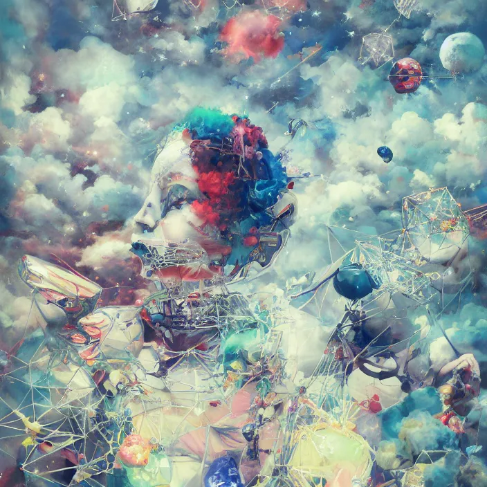 Image similar to surreal gouache painting, by yoshitaka amano, by ruan jia, by conrad roset, by kilian eng, by good smile company, incredibly detailed, of floating molecules and a mannequin artist holding an icosahedron with stars, clouds, and rainbows in the background, cgsociety, artstation, modular patterned mechanical costume and headpiece