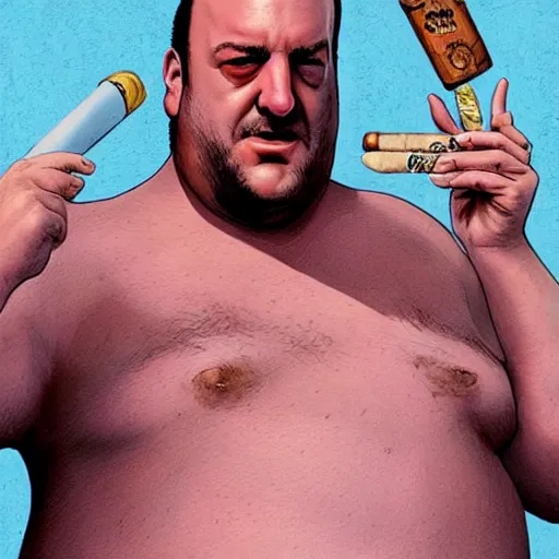 Prompt: chunky artist ethan van sciver as tony soprano, with a cigar, artstation, real photo