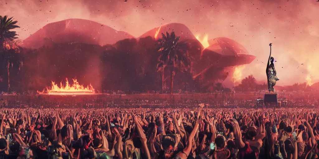 Image similar to realistic cinematic views of a orwellian coachella with fires in the background and dead birds falling from the sky in front of the main stage worshipping a large statue of kim kardashian, hyper detailed, terror glows, hyper realistic, digital painting, 8 k, 3 5 mm film grain, octane render