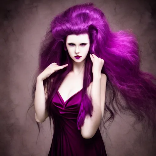 Image similar to Beautiful, professional model, vampire, Shalltear Bloodfallen, Studio Photography, Editorial photography, Studio Lighting, purple dress