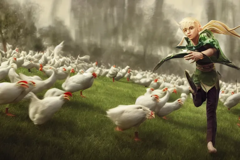 Image similar to a blonde male elf wearing a green tunic running away in terror from a huge flock of furious white chickens , made by Stanley Artgerm Lau, WLOP, Rossdraws, ArtStation, CGSociety, concept art, cgsociety, octane render, trending on artstation, artstationHD, artstationHQ, unreal engine, 4k, 8k,