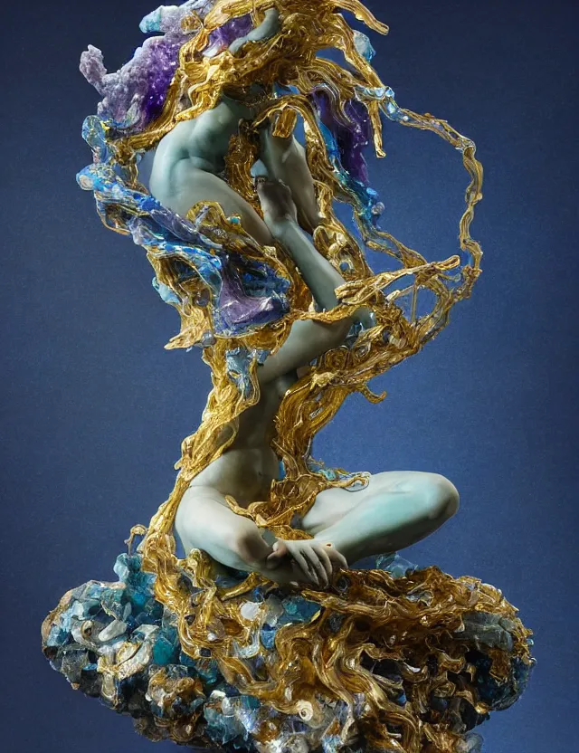 Image similar to a sculpture of a winged child made from blue and emerald and amethyst crystal geode formations with floawing marble water with obsidian base with liquid gold tendrils flowing by ellen jewett by stanisław szukalski, octane render, byzantine, spirals, elestial crystals, geode,