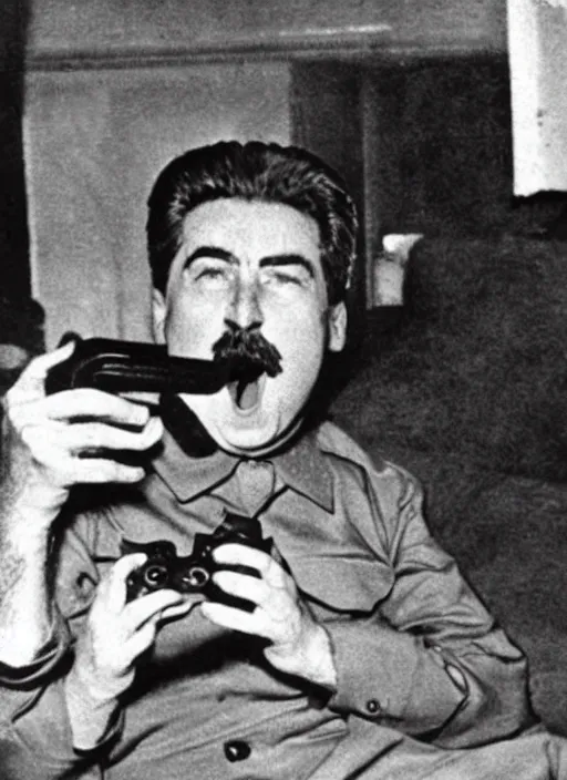 Prompt: Old detailed photograph of Stalin playing Xbox, screaming into the microphone with a bowl of Doritos beside him