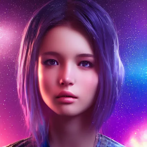 Image similar to beautiful girl galaxy background, portrait character concept style trending on artstation concept art detailed octane render cinematic photo - realistic 8 k high detailed