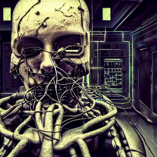 Image similar to a dark cyberpunk dream of wires broken skulls skin cybernetic machines and decay, moody, hyperrealism, 8 k photo, atmospheric