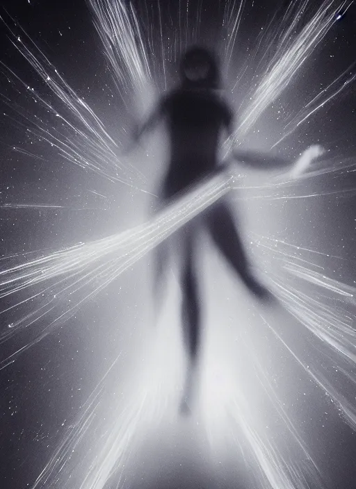 Image similar to female ascending into the sky, glowing aura, motion blur, long exposure, film grain, cinematic lighting, experimental film, shot on 1 6 mm