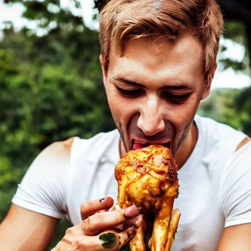 Image similar to a very skinny man feasting on chicken drumsticks