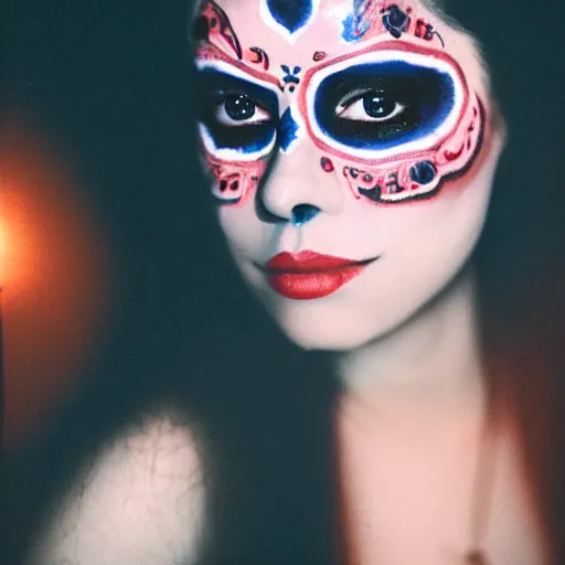 Image similar to film photograph of beautiful Mexican woman, age 20s, in sugar skull makeup, illuminated by candlelight, in a cemetary at night, cinestill 800, 85mm