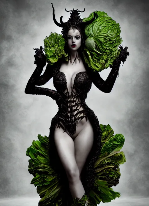 Image similar to expressive full body photo of demoness, dress made of cabbages, glamour shot, by karol bak, stefan gesell, photorealistic, nikon d 4 x, fashion photography, hyper maximalist, elegant, ornate, luxury, elite, environmental portrait, symmetrical features, octane render, unreal engine, solid dark grey background, dramatic lights