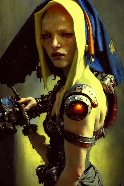 Prompt: full character portrait max mad cyberpunk warhammer 4 0 k, barbarian tech priest berserker not the girl with the pearl earring character design, painting by gaston bussiere, katsuya terada, nc wyeth, greg rutkowski, craig mullins, vermeer, frank frazetta, mucha, tom of finland, trending on artstation, jeffery catherine jones