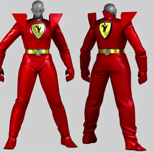 Prompt: Tokusatsu character based on Ferrari, red body, Ferrari logo on it's chest, unreal engine, 3D model