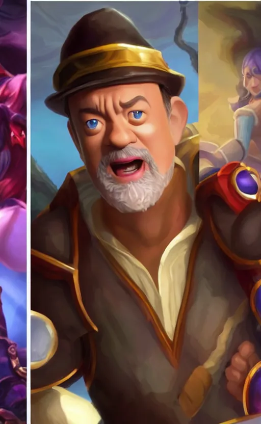 Image similar to Tom Hanks as a character in the game League of Legends, with a background based on the game League of Legends, detailed face, old 3d graphics