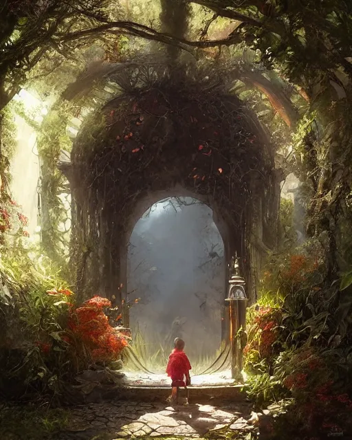 Prompt: a child looking at a portal in the hidden garden, scare, environment art, fantasy art, landscape art, in the style of greg rutkowski, illustration, epic, fantasy, intricate, hyper detailed, artstation, concept art, smooth, sharp focus, ray tracing