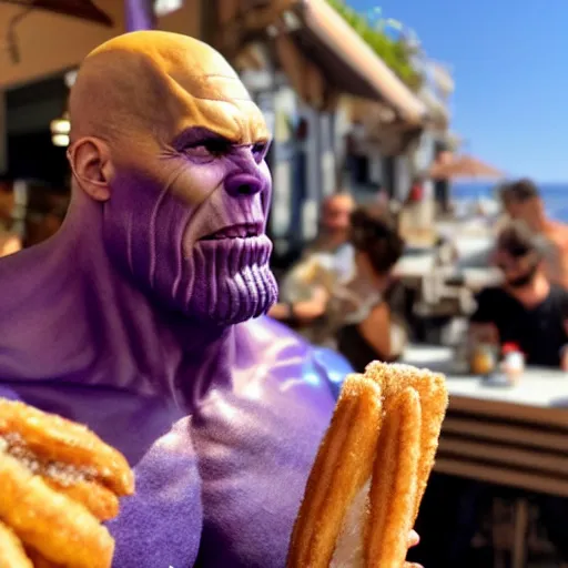 Prompt: thanos from marvel mcu eating a churros at a bar in tharros ( sardinia )